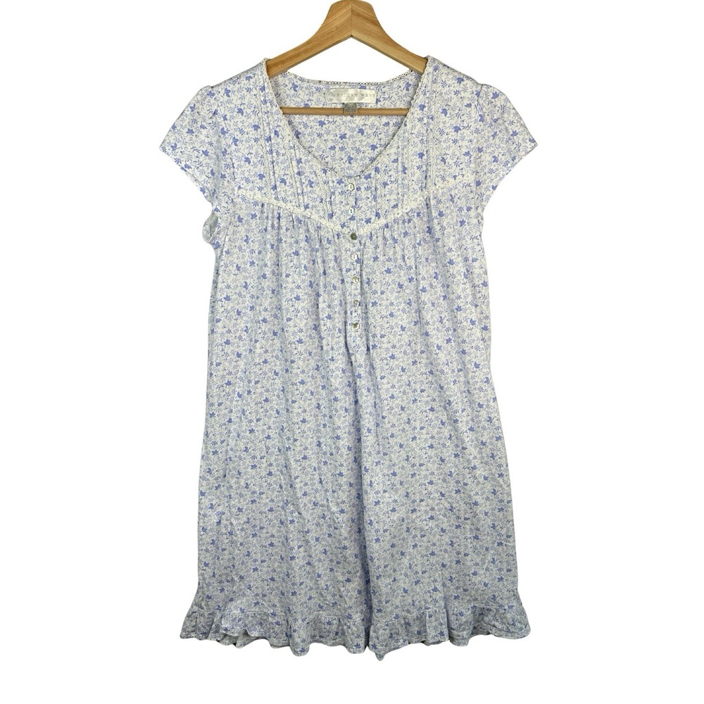 Eileen West Womens Blue Floral Cotton Jersey Knit Cap Sleeve Nightgown-Small